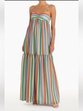 NWT Amanda Uprichard Sima Rainbow Stripe Spaghetti‑Strap Maxi Dress Medium